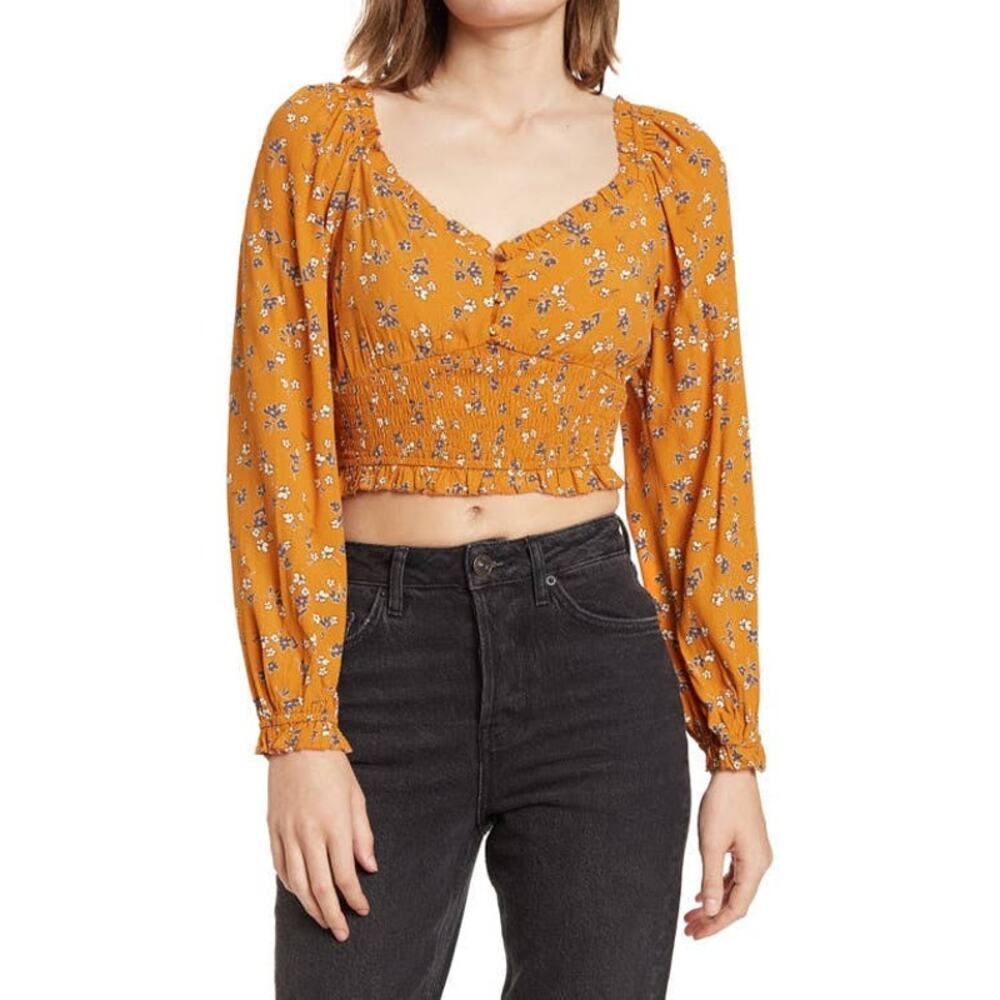 Elodie Ginger Com Long Sleeve Ruffle Neckline Crop Top Size S NWT